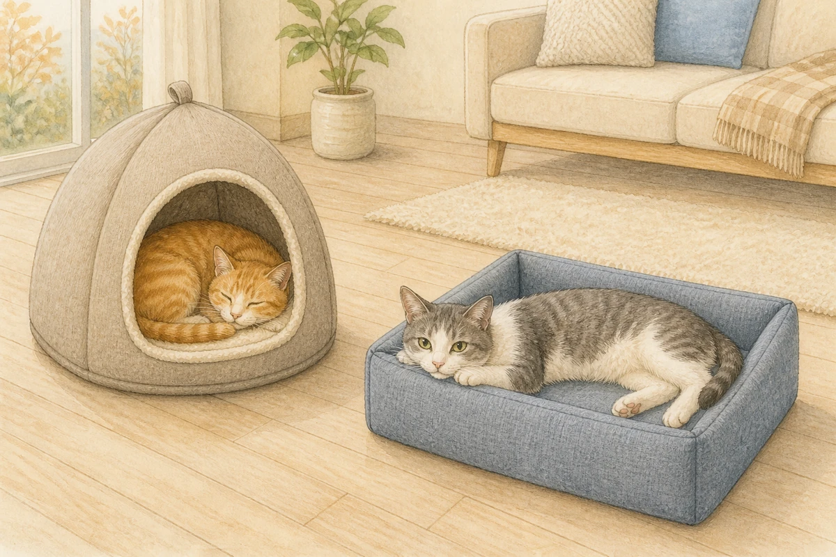 ドーム型のベッドで丸まる猫と、スクエア型のベッドで前足を伸ばす猫