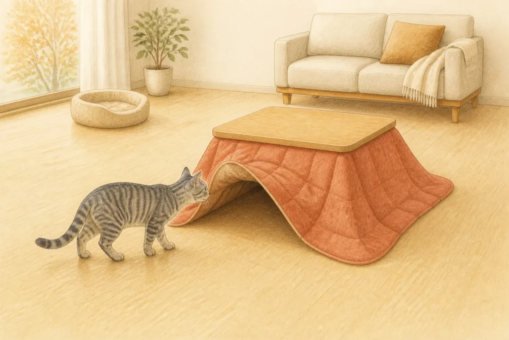 小さな猫用こたつの入口に近づき、布団の端を嗅ぐ猫