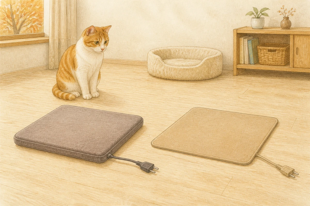 電源プラグを抜いた2枚のヒーターマットを、床に座って見ている猫