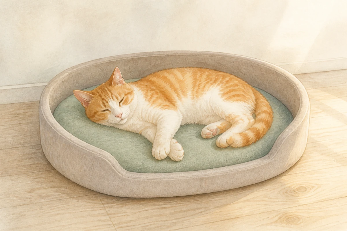 寝床に収まる毛布の上で、前足を伸ばして休む猫