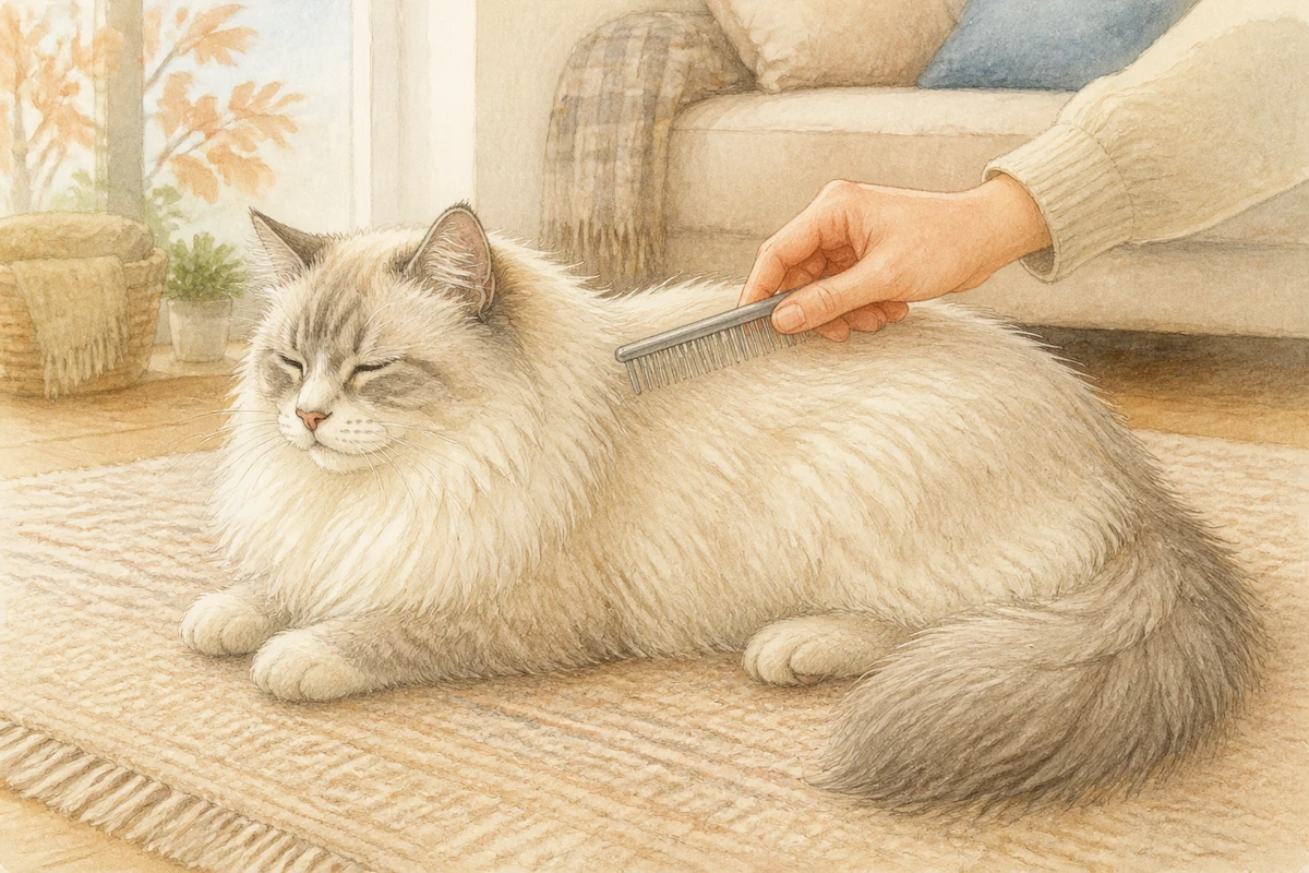 長毛の猫の背中にコームを軽く当てている飼い主の手