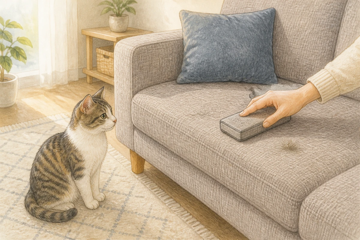ソファの抜け毛をスポンジで集める手を、床から眺める猫