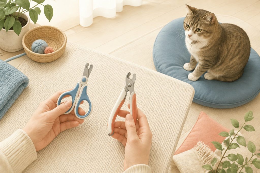 猫の爪を切る手元と2種類の爪切りを描いたイラスト