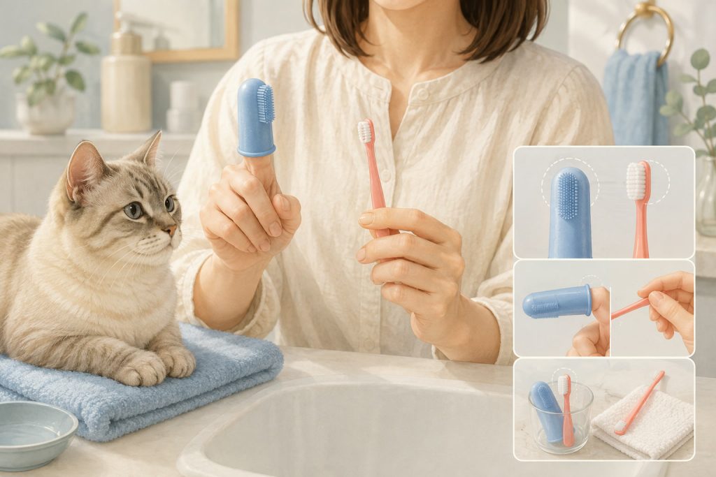 指サック型と柄付き型の猫用歯ブラシを並べたイラスト