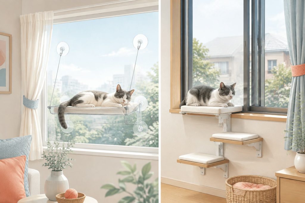 窓辺の吸盤ベッドとステップでくつろぐ猫のイラスト