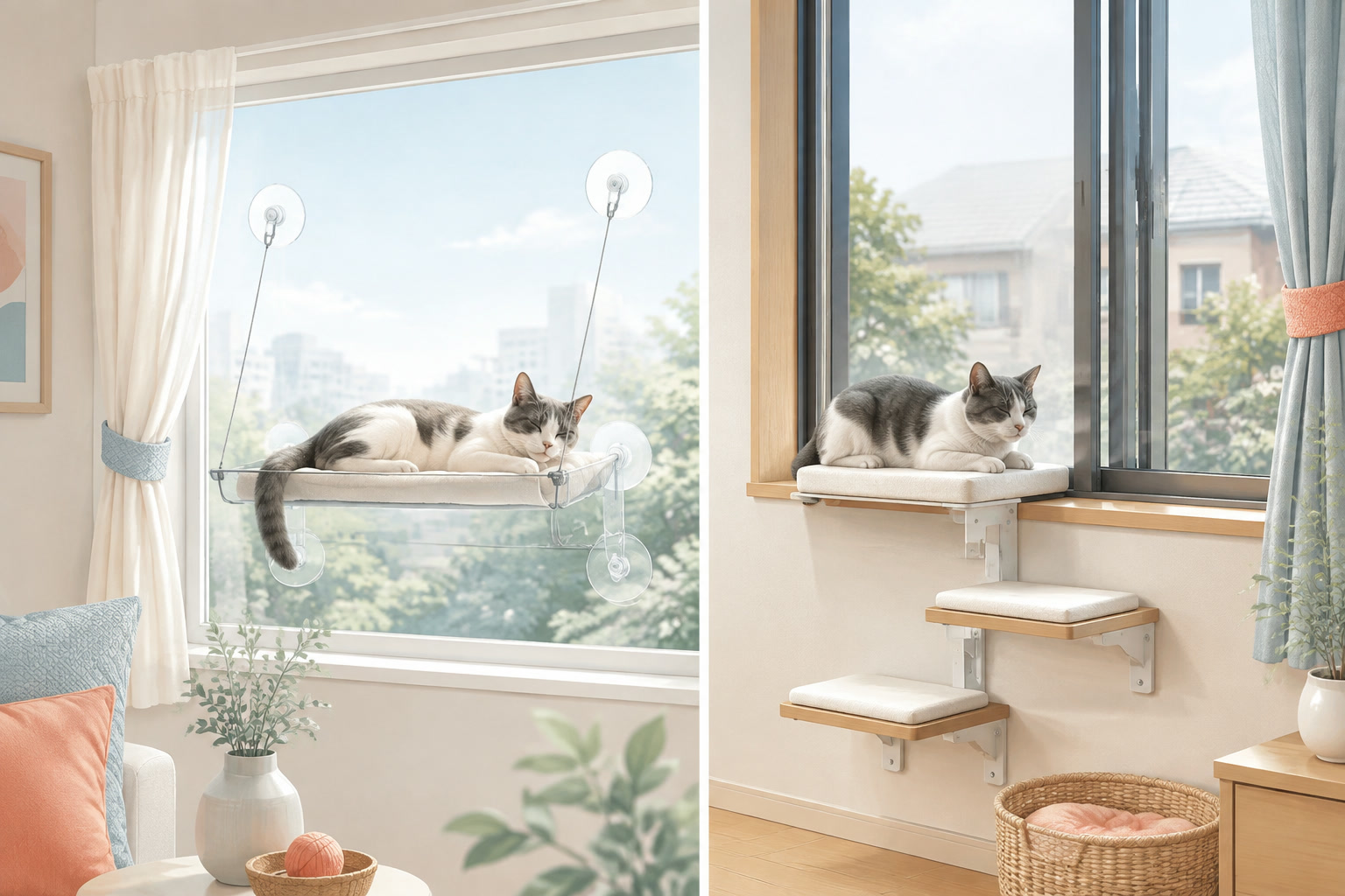 窓辺の吸盤ベッドとステップでくつろぐ猫のイラスト