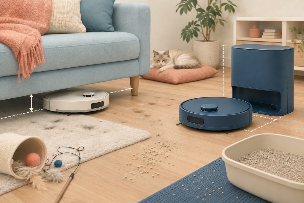 猫の毛とラグのあるリビングを掃除するロボット掃除機のイラスト