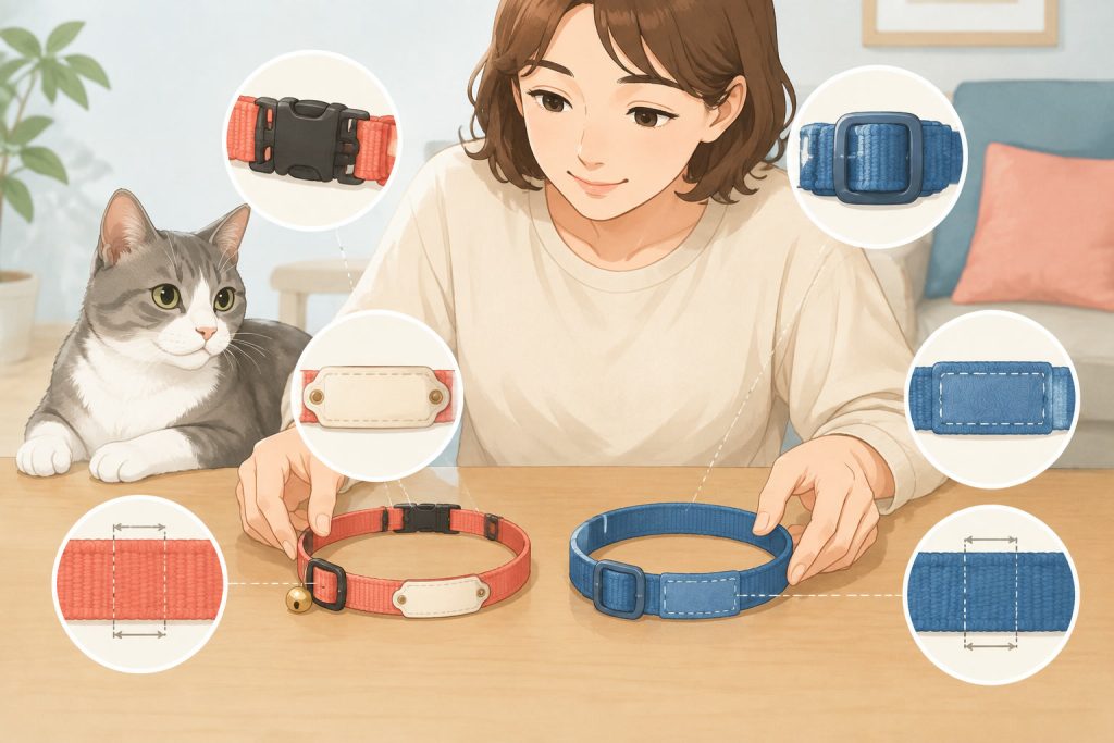 迷子札付きと名前入りの猫用首輪を比べるイラスト