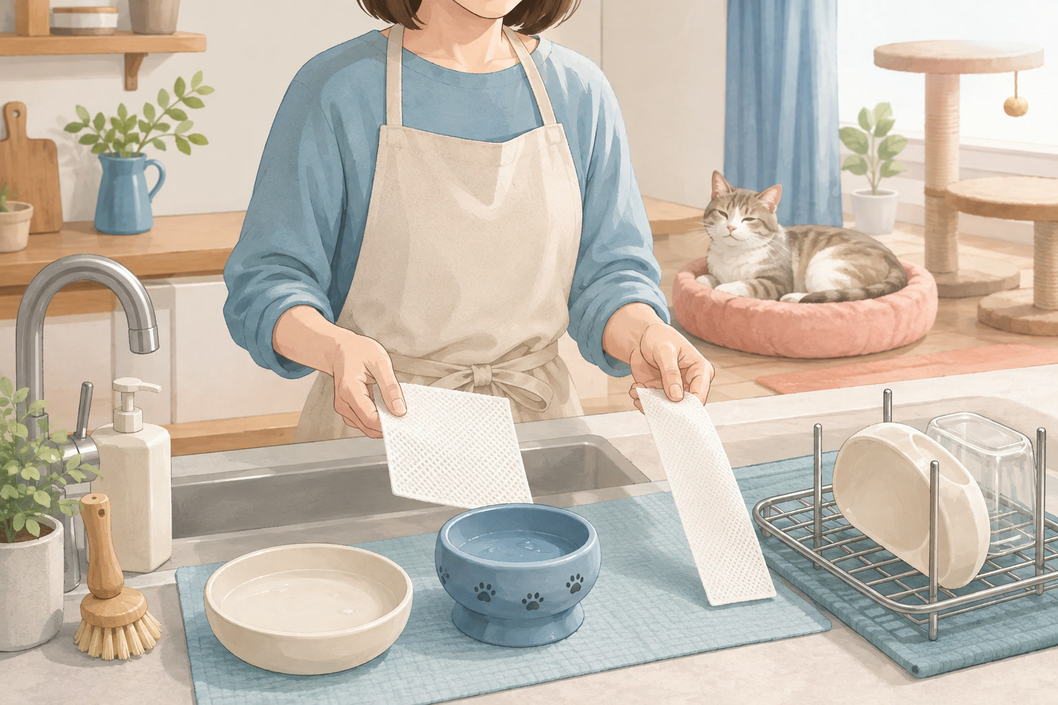 猫用食器をメッシュとカット式の洗浄用品で洗うイラスト