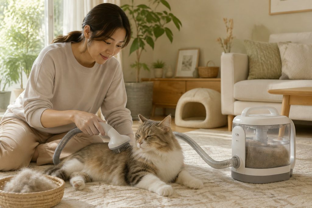 猫の抜け毛を吸いながらブラッシングする場面のイラスト