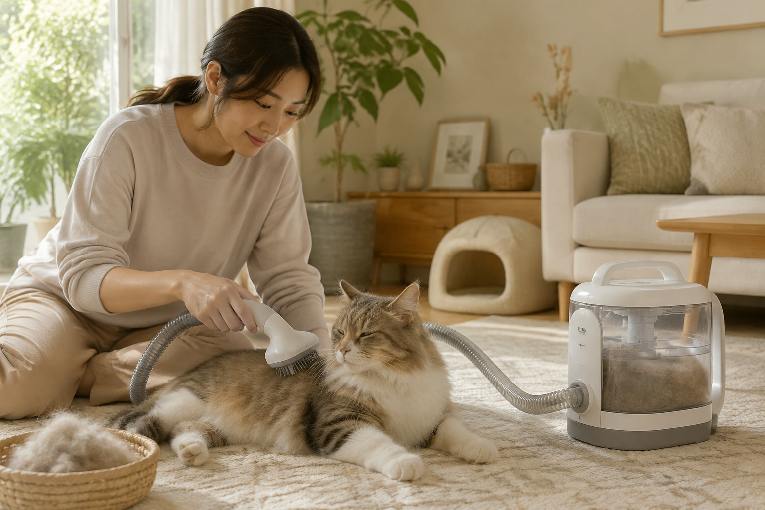 猫の抜け毛を吸いながらブラッシングする場面のイラスト