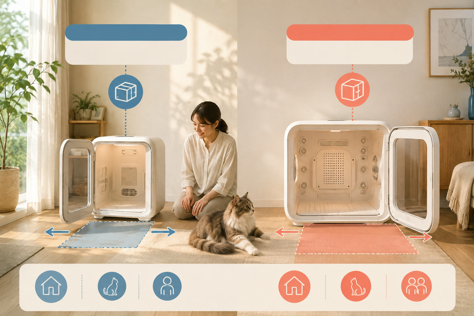 猫用ドライルームの50Lと80Lを部屋に置いたイラスト