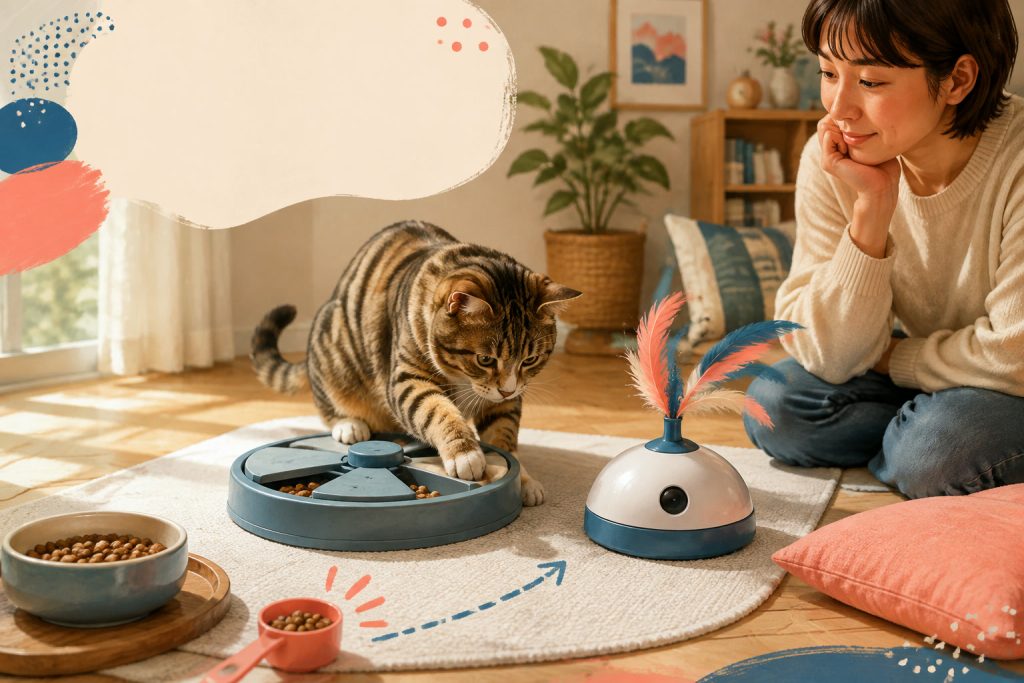 猫が前足でフード探索おもちゃを動かして遊ぶイラスト
