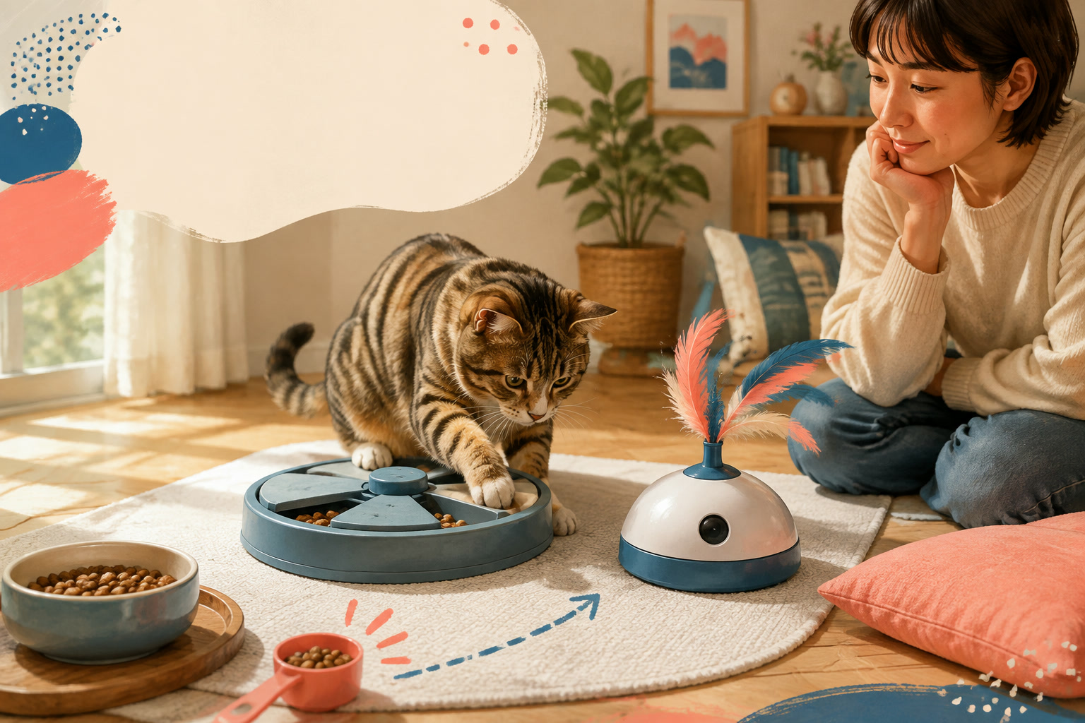 猫が前足でフード探索おもちゃを動かして遊ぶイラスト