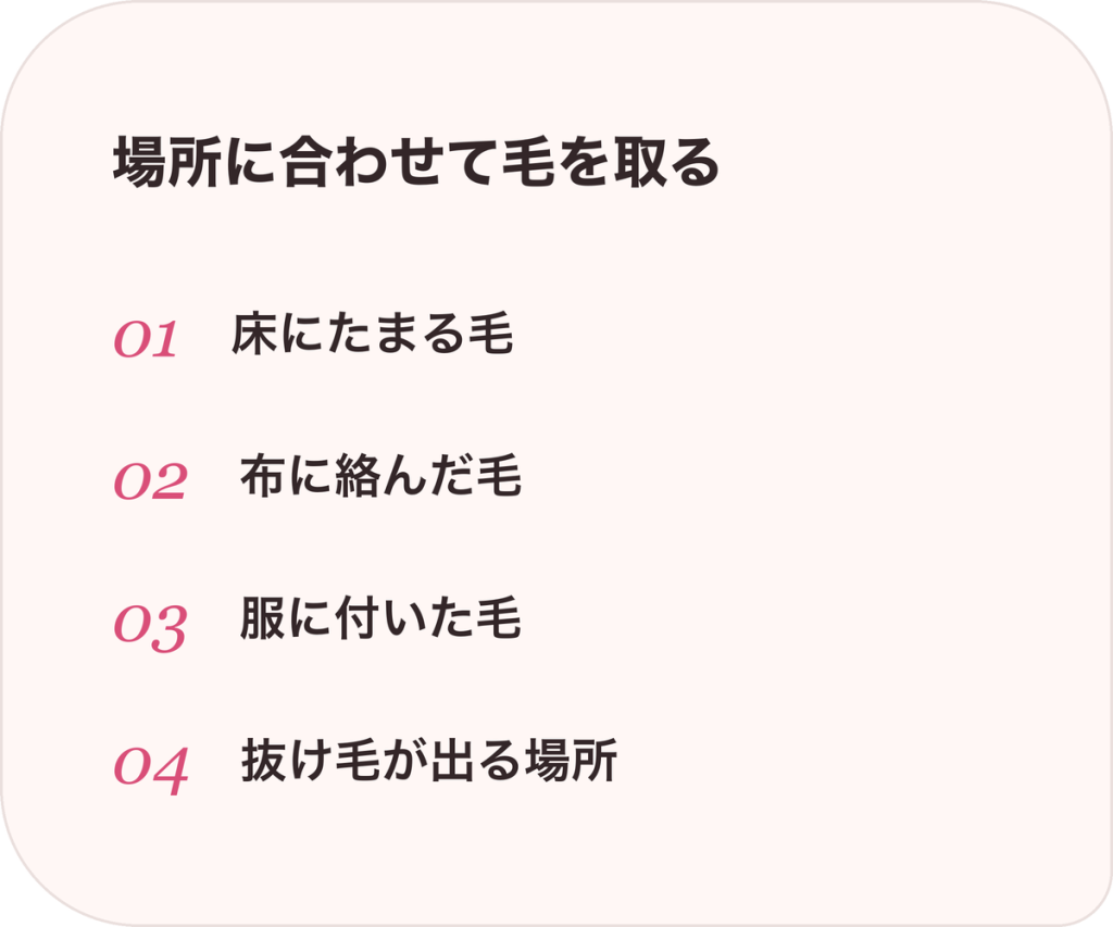 場所に合わせて毛を取る：床にたまる毛、布に絡んだ毛、服に付いた毛、抜け毛が出る場所