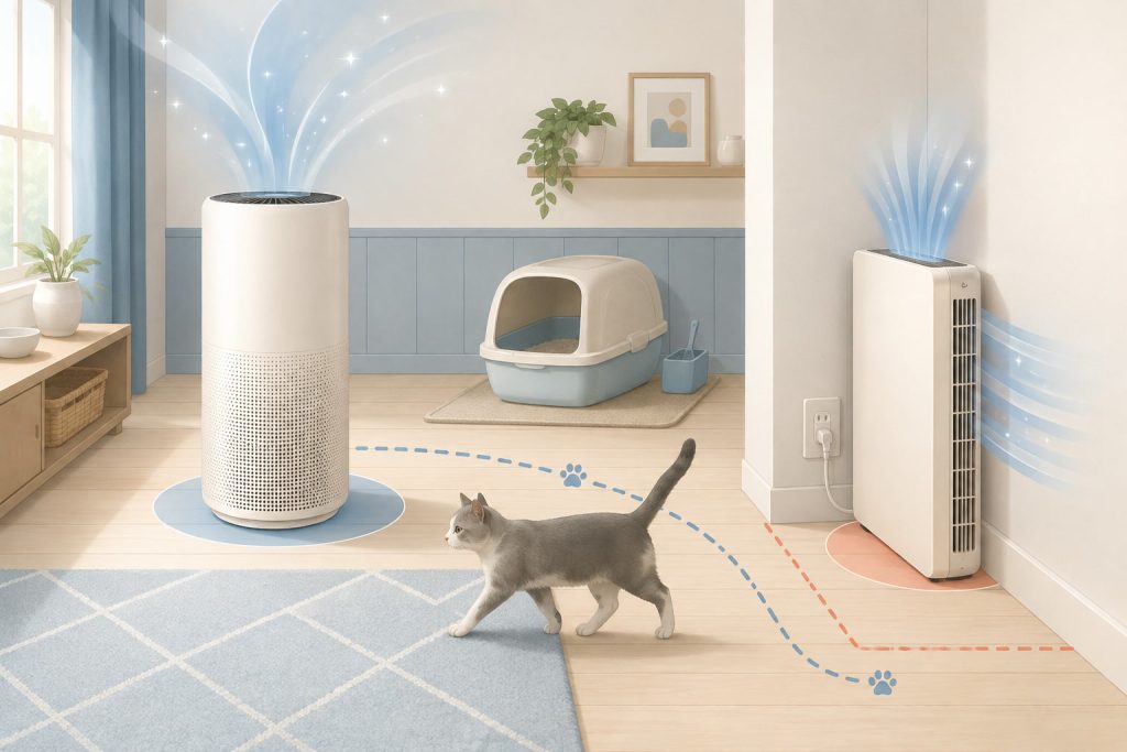 猫トイレの近くに床置きと壁掛けの脱臭機を置いたイラスト