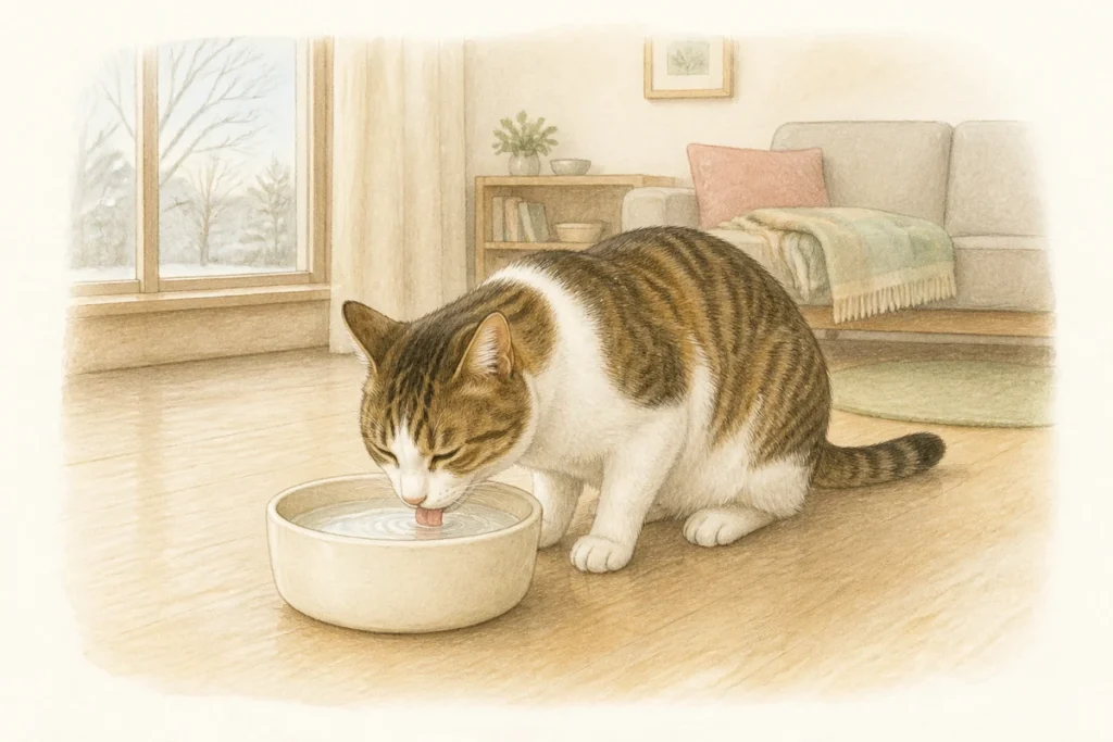 冬のリビングの一角で、陶器の器から水を飲む猫