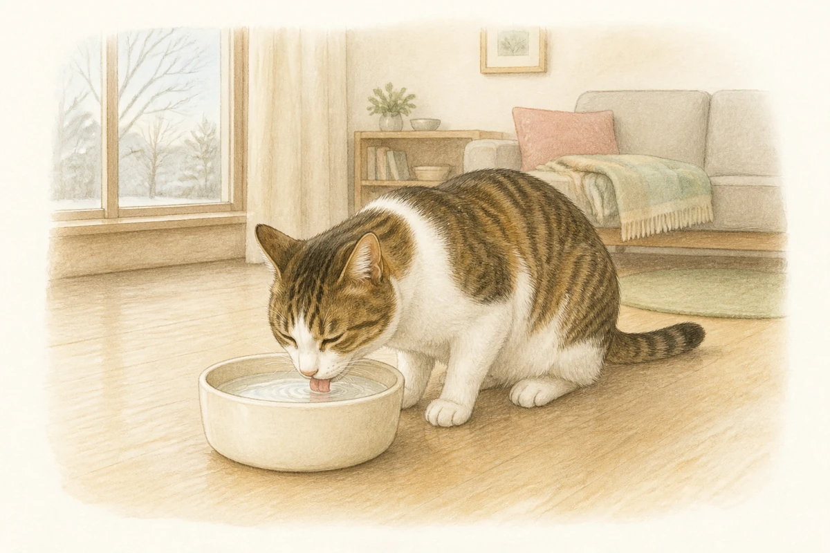 冬のリビングの一角で、陶器の器から水を飲む猫