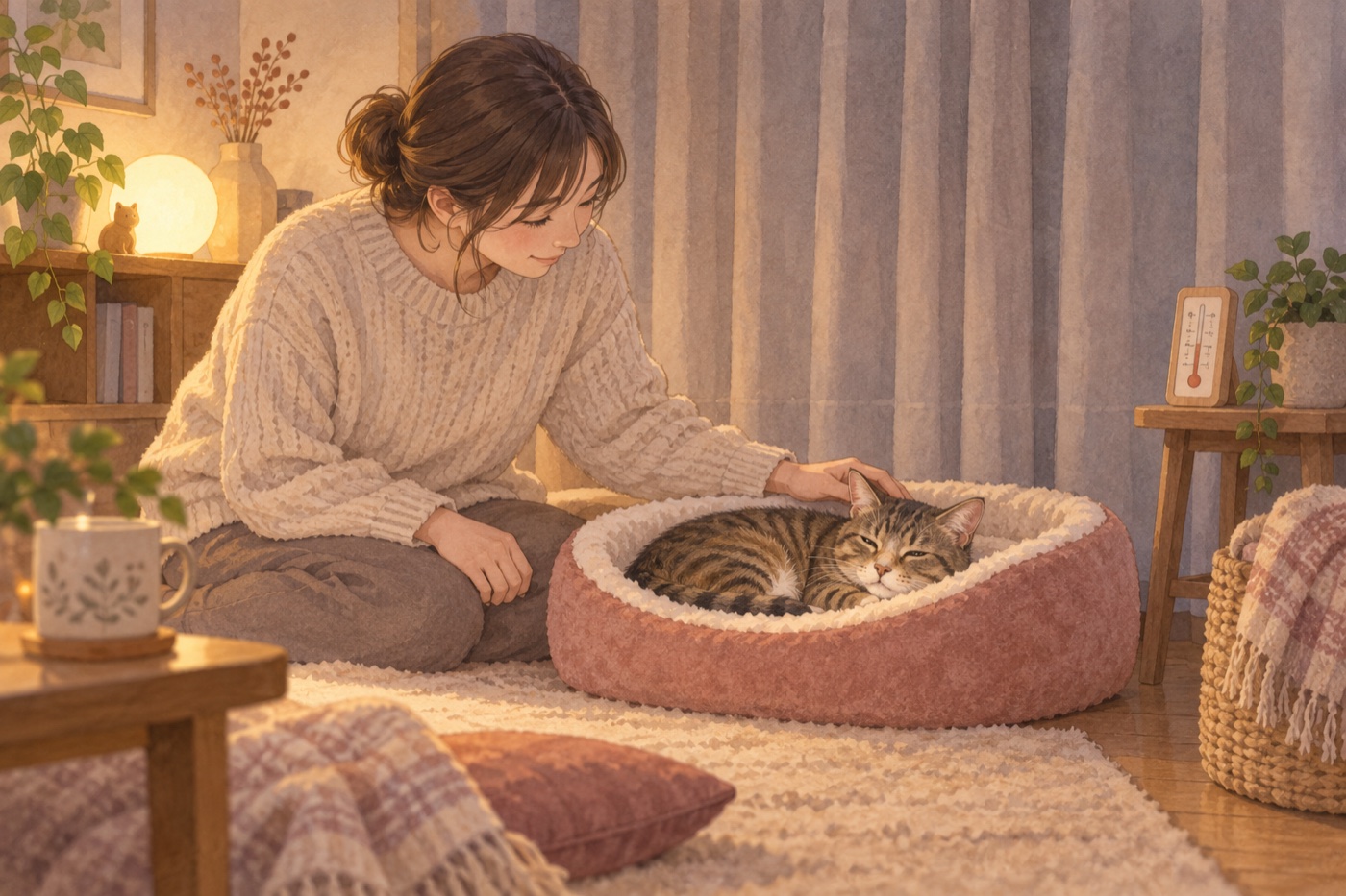 冬の夜、猫の寝床の近くで温度を確かめる部屋。