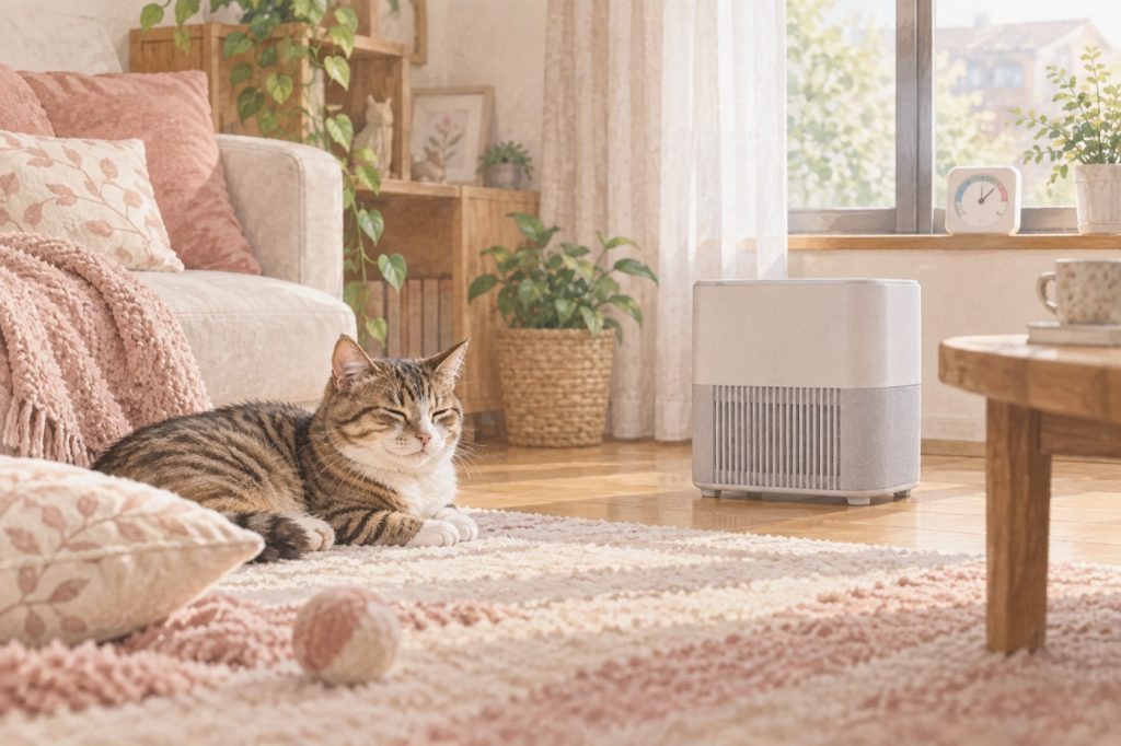 加湿器から距離を取り、猫がゆっくり過ごせる部屋。