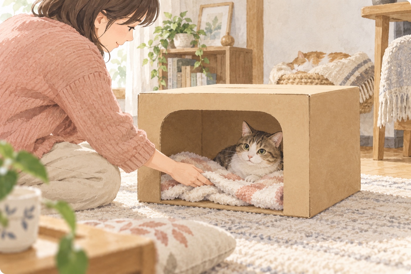 入口を広くとった箱に、毛布を敷いた猫の寝床。