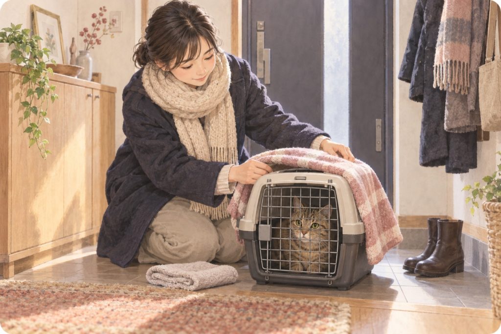 通気口をふさがず、キャリーの上に薄い布を掛けた通院の準備。