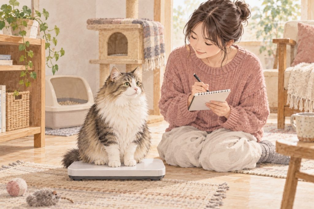 冬毛の見た目だけでなく、家で体重を確かめる場面。