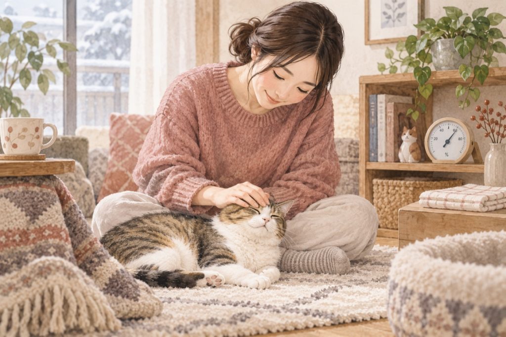 猫が落ち着いているときに、やさしく手を伸ばす冬の部屋。