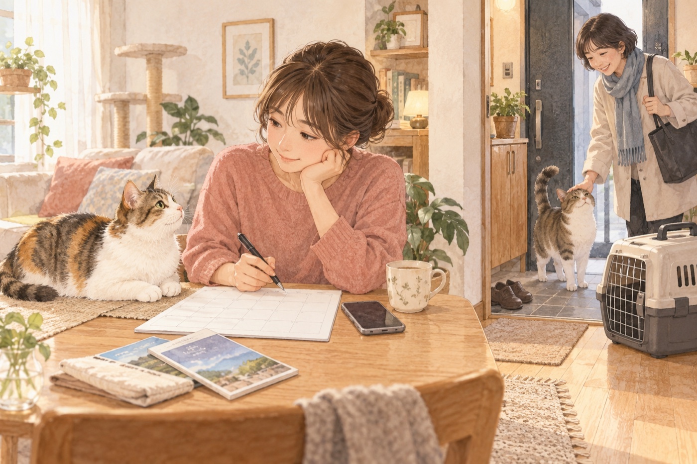 猫の普段の様子を見ながら、帰省中のお世話を相談する場面。