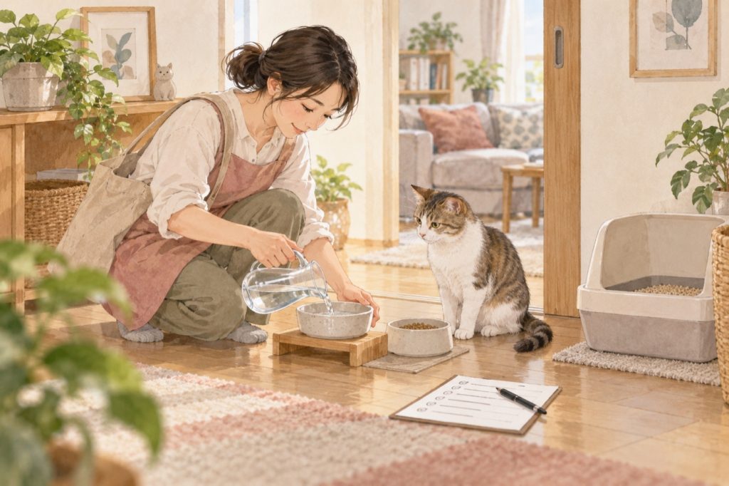 お世話を頼んだ人が、水とごはんを確かめに来た場面。