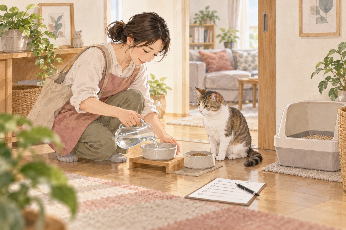 お世話を頼んだ人が、水とごはんを確かめに来た場面。