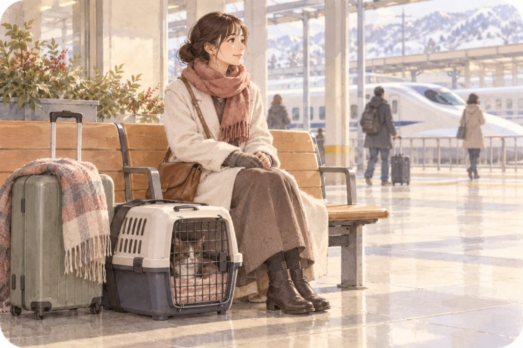 駅でキャリーを開けず、落ち着いて乗車を待つ場面。