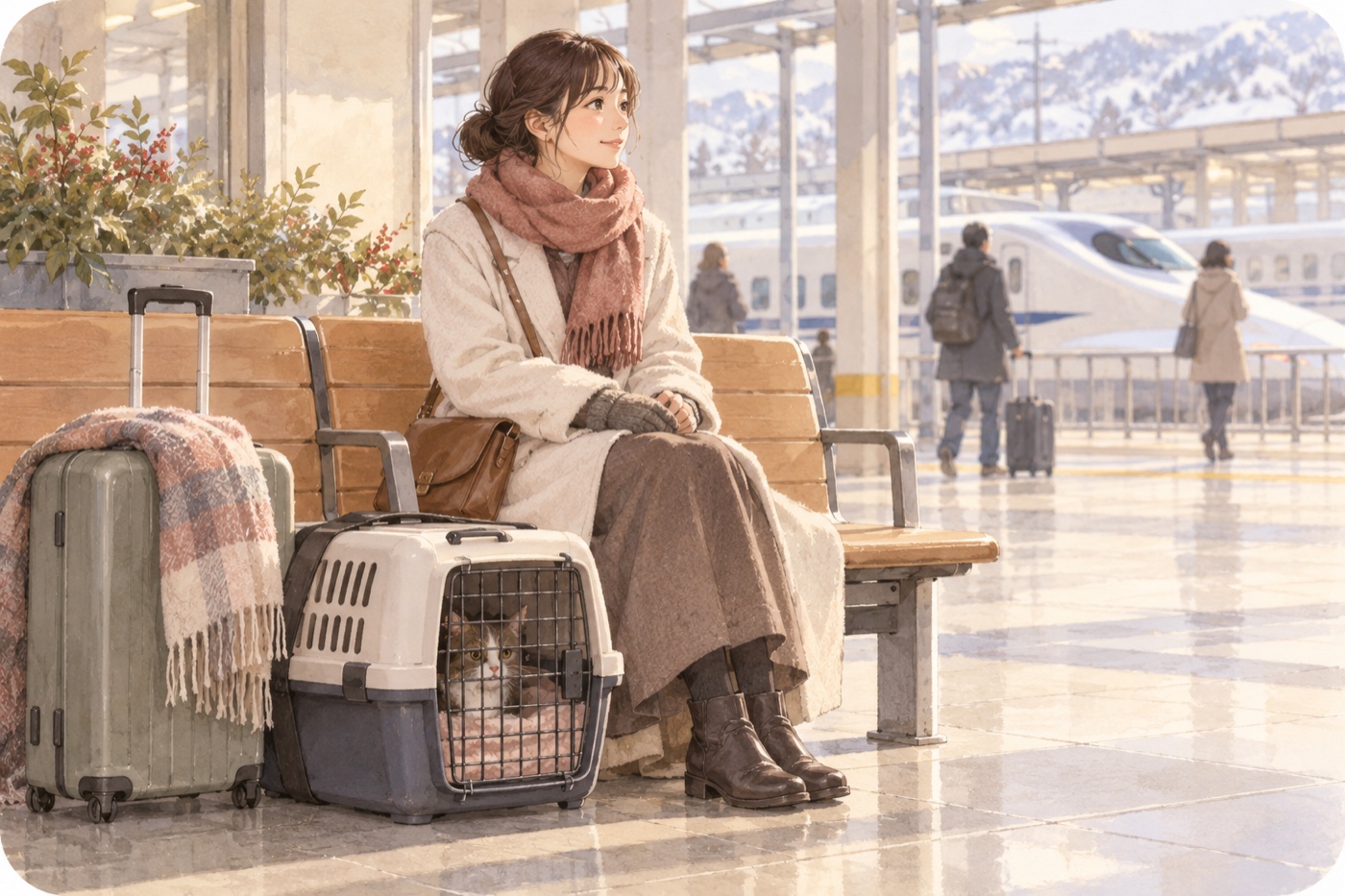 駅でキャリーを開けず、落ち着いて乗車を待つ場面。