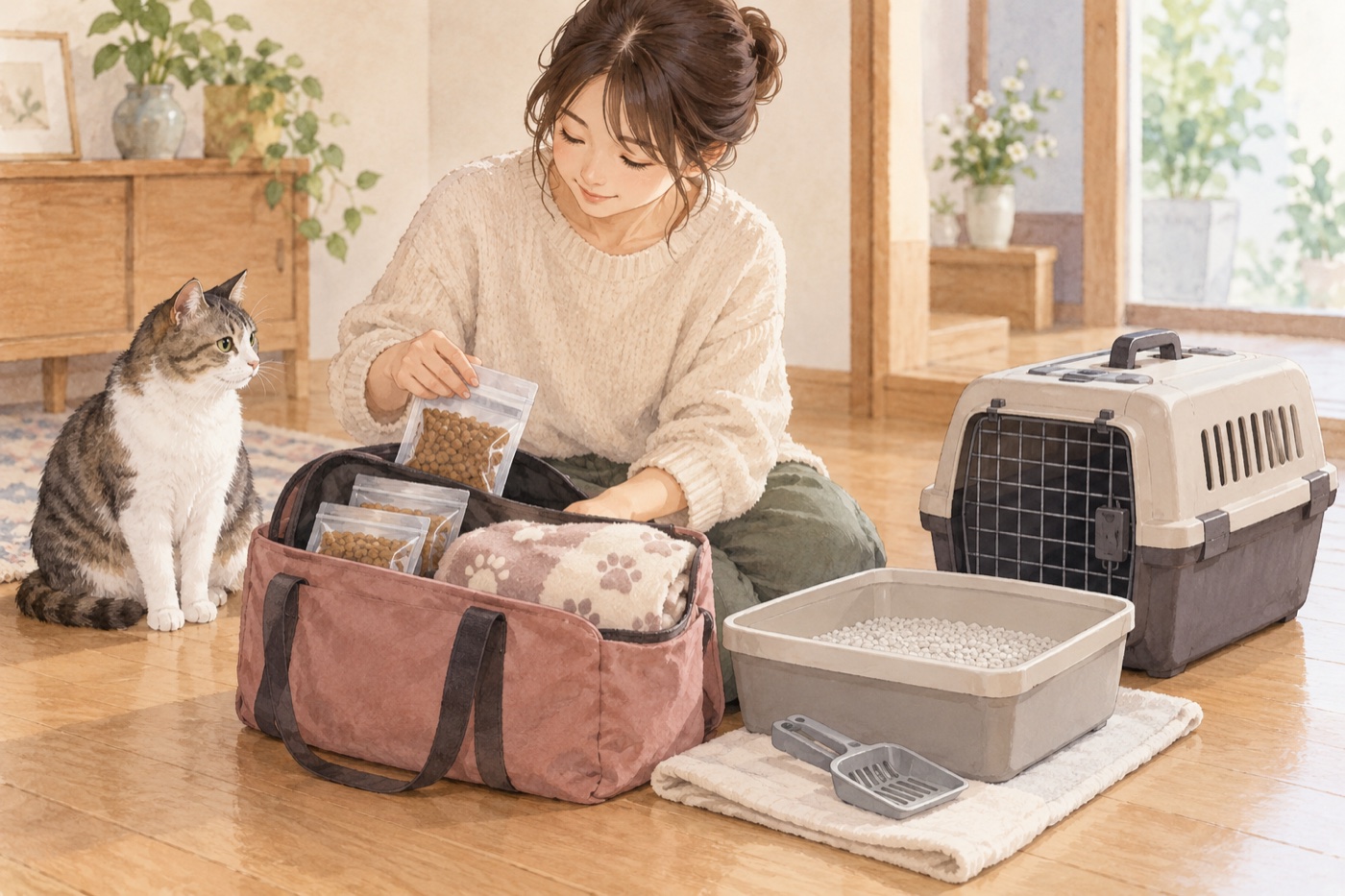 いつものごはんや毛布、持参トイレをまとめる帰省の準備。