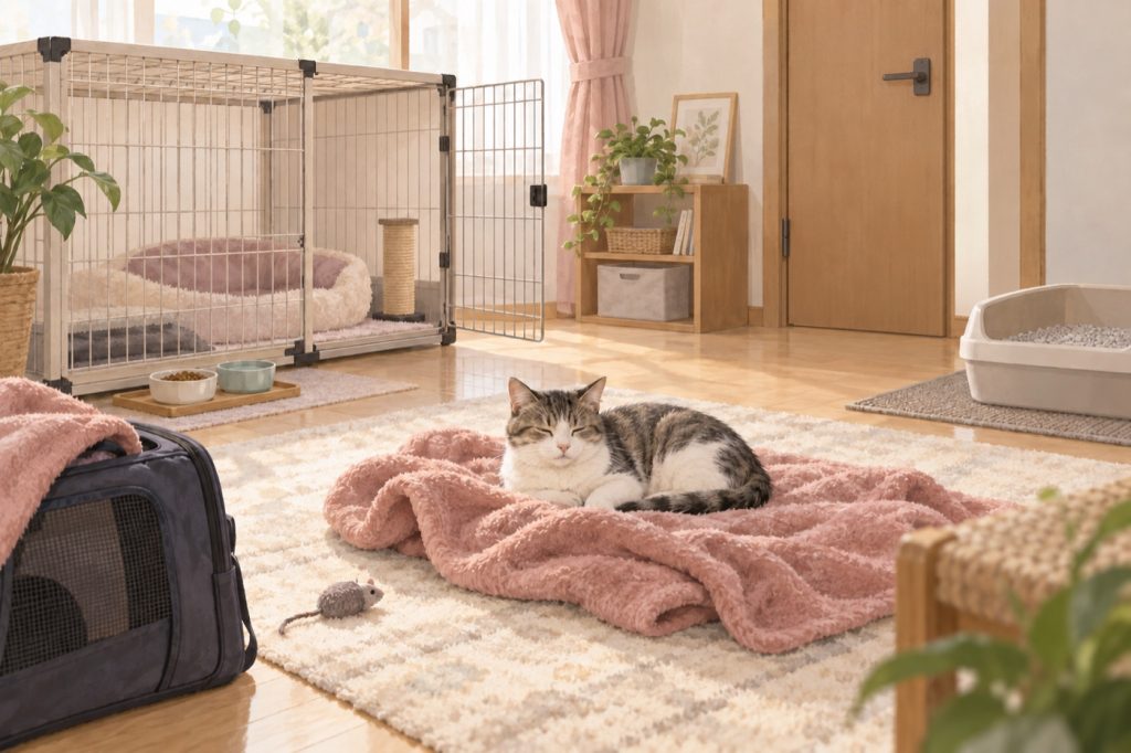 帰省先の一室に、猫が静かに過ごせる場所を用意した場面。