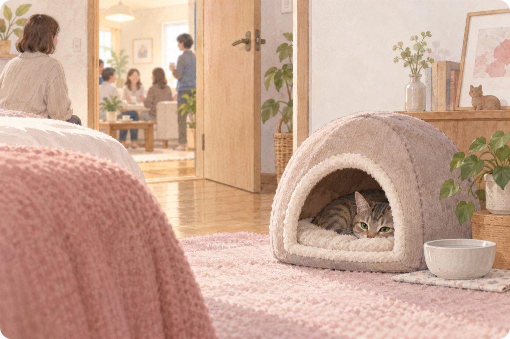 来客から離れた部屋で、猫が自分のペースで休む場面。