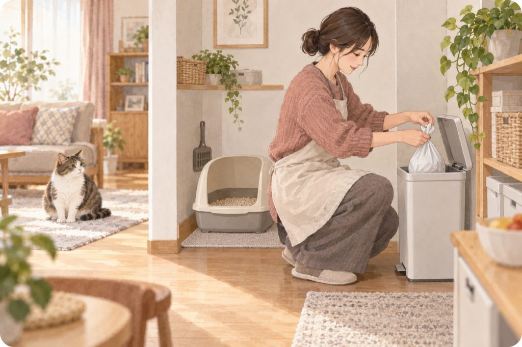 猫砂ごみを袋にまとめ、ふた付きの容器へ移す場面。