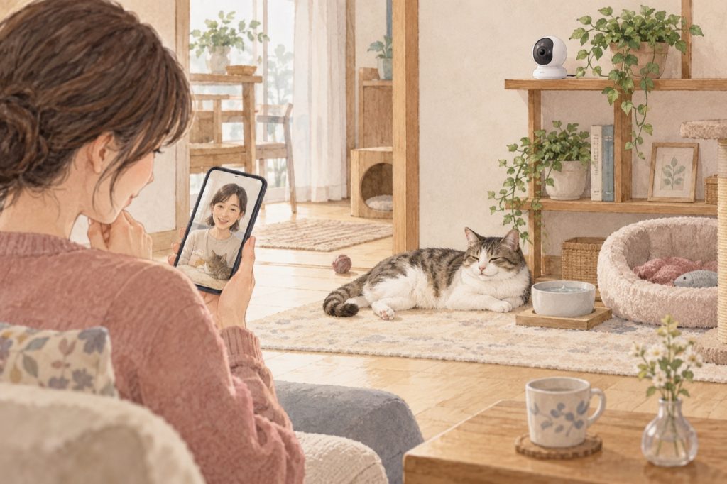 見守りカメラで部屋の様子を確かめ、お世話担当へ連絡する場面。