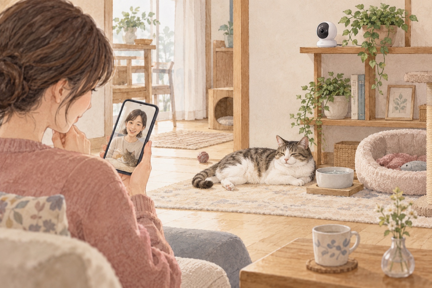 見守りカメラで部屋の様子を確かめ、お世話担当へ連絡する場面。
