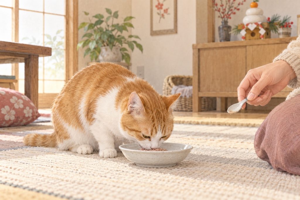 正月の室内で、いつもの食器に少量の猫用ごはんを用意している様子
