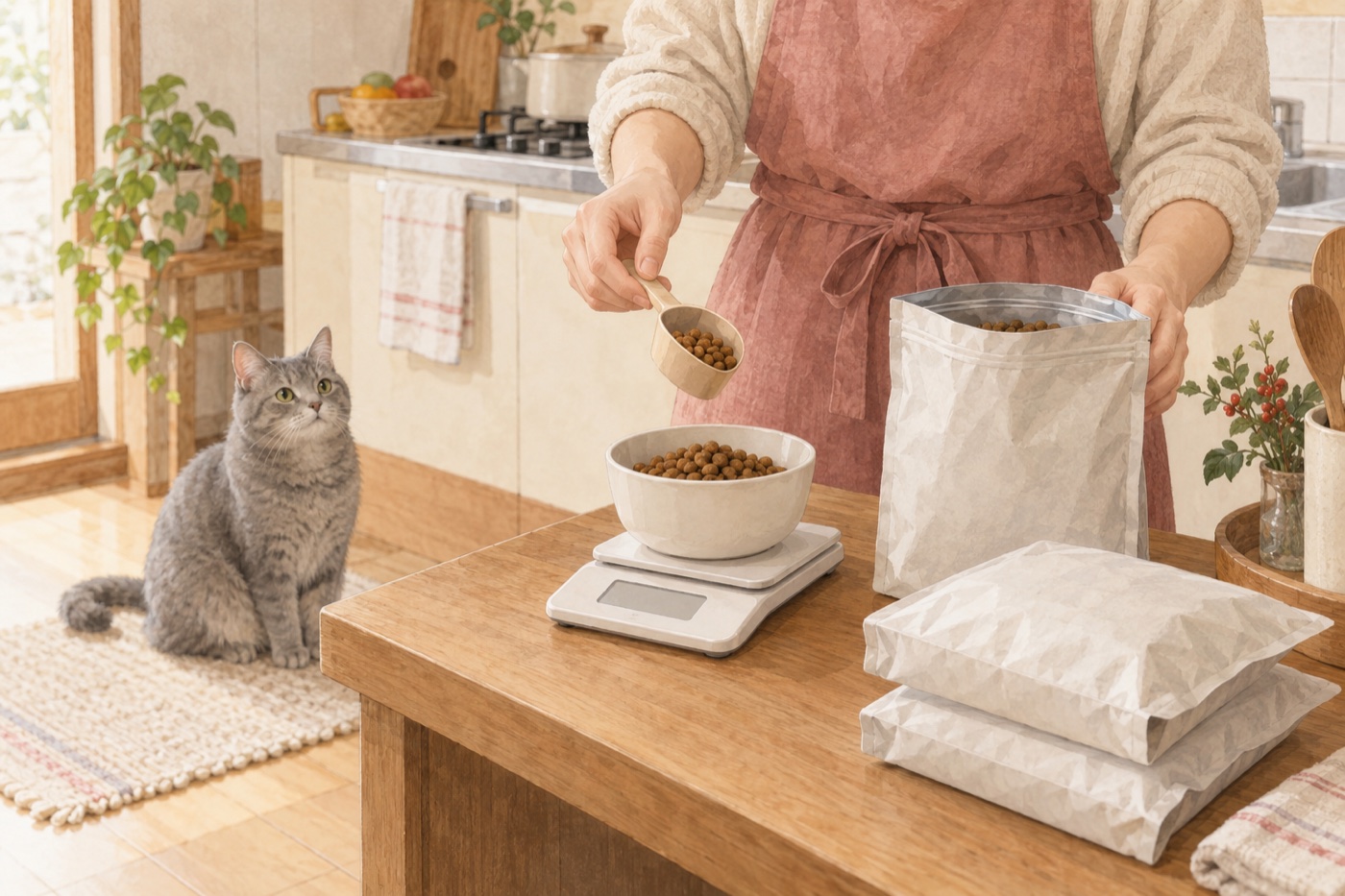 猫のごはんの残量を量り、買い足す分を考えている様子