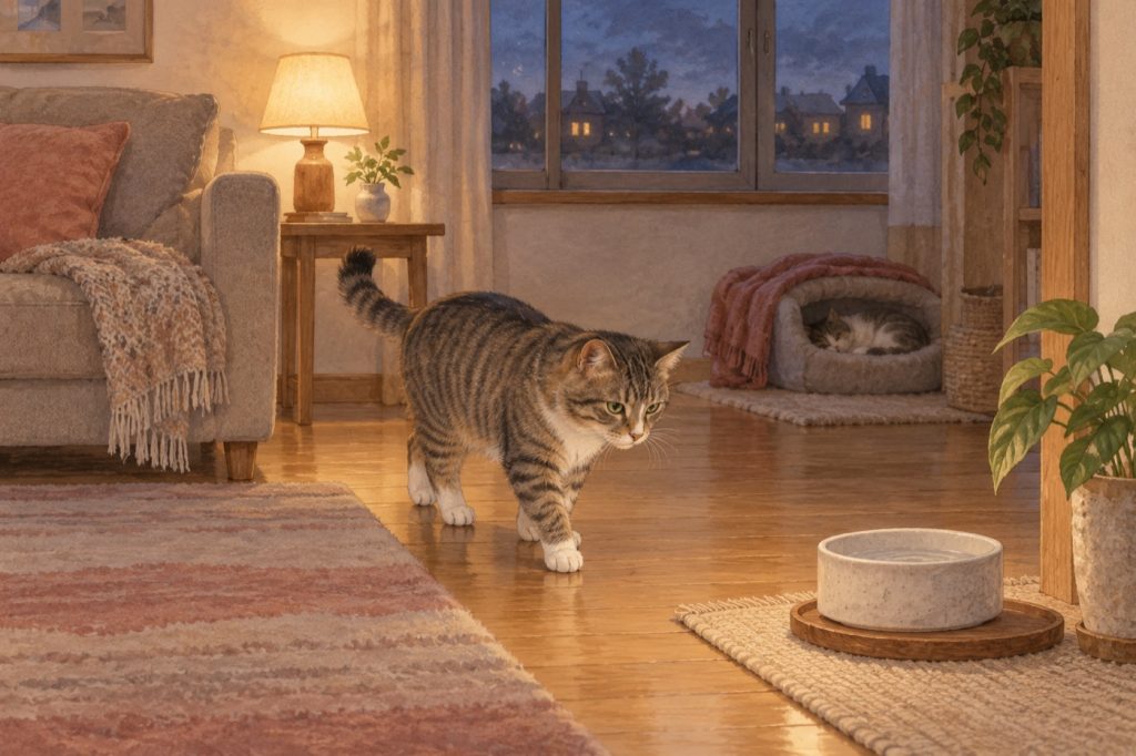夕方の部屋で、控えめな灯りが猫の通り道を照らしている様子