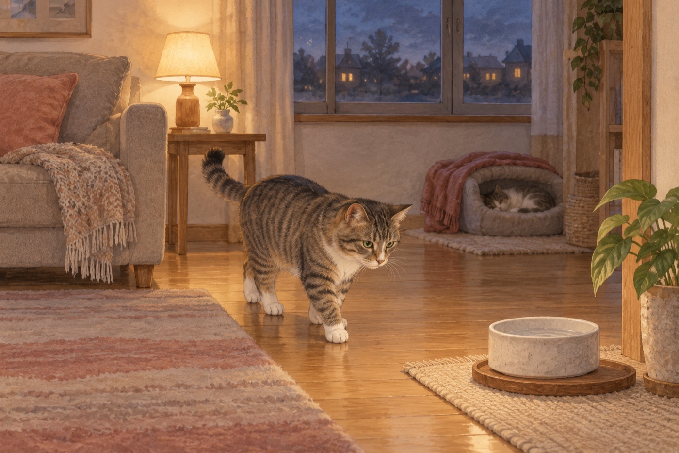 夕方の部屋で、控えめな灯りが猫の通り道を照らしている様子
