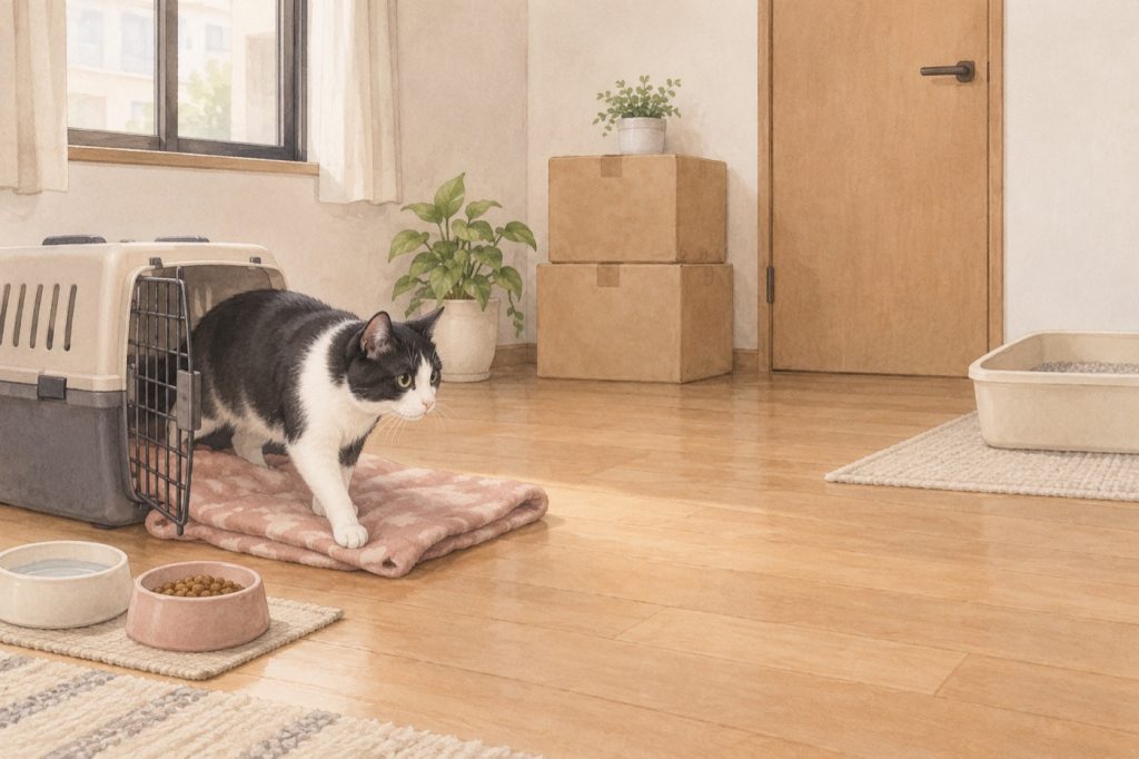 引っ越し先の閉めた一室に水と寝具をそろえ、猫をキャリーから迎える様子