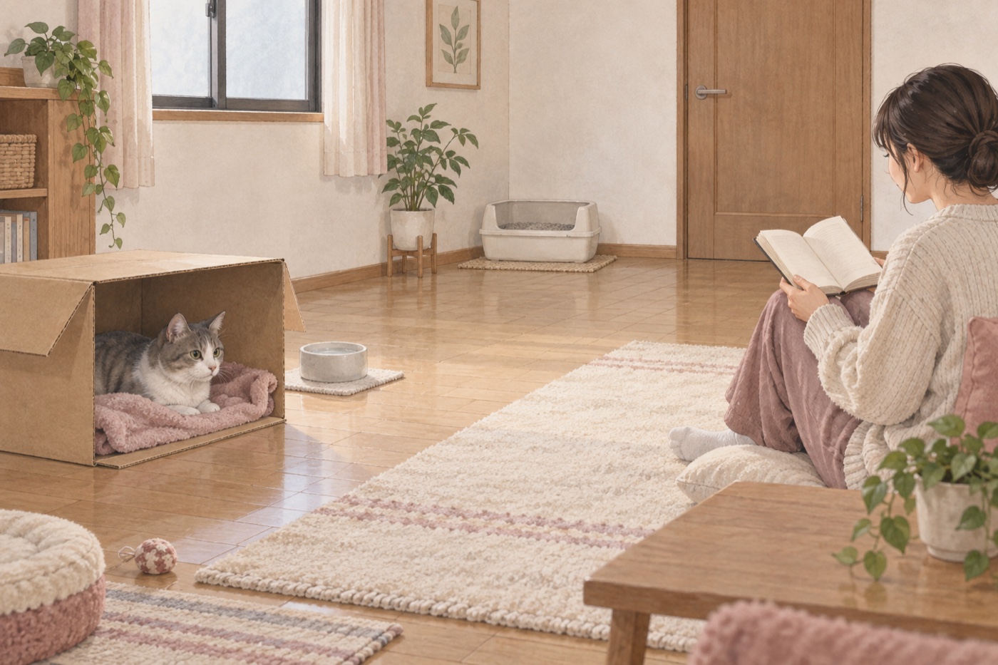 新居の静かな一室で、猫が出入りできる箱の中から周囲を見ている様子