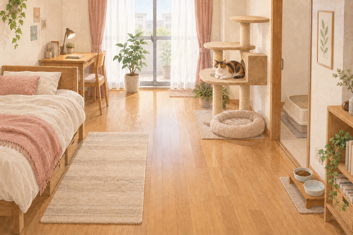 1Kの部屋に、床の通り道と安全に上り下りできる猫の居場所を残した配置