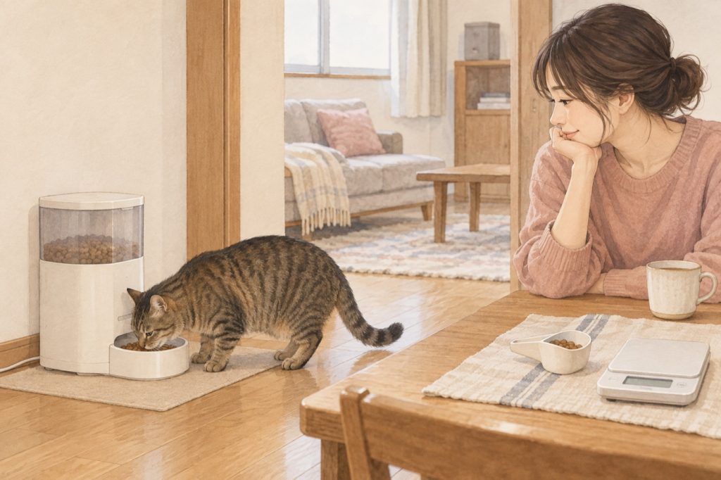 猫がいつものフードを自動給餌器で食べ、飼い主が食べ方を確かめている様子