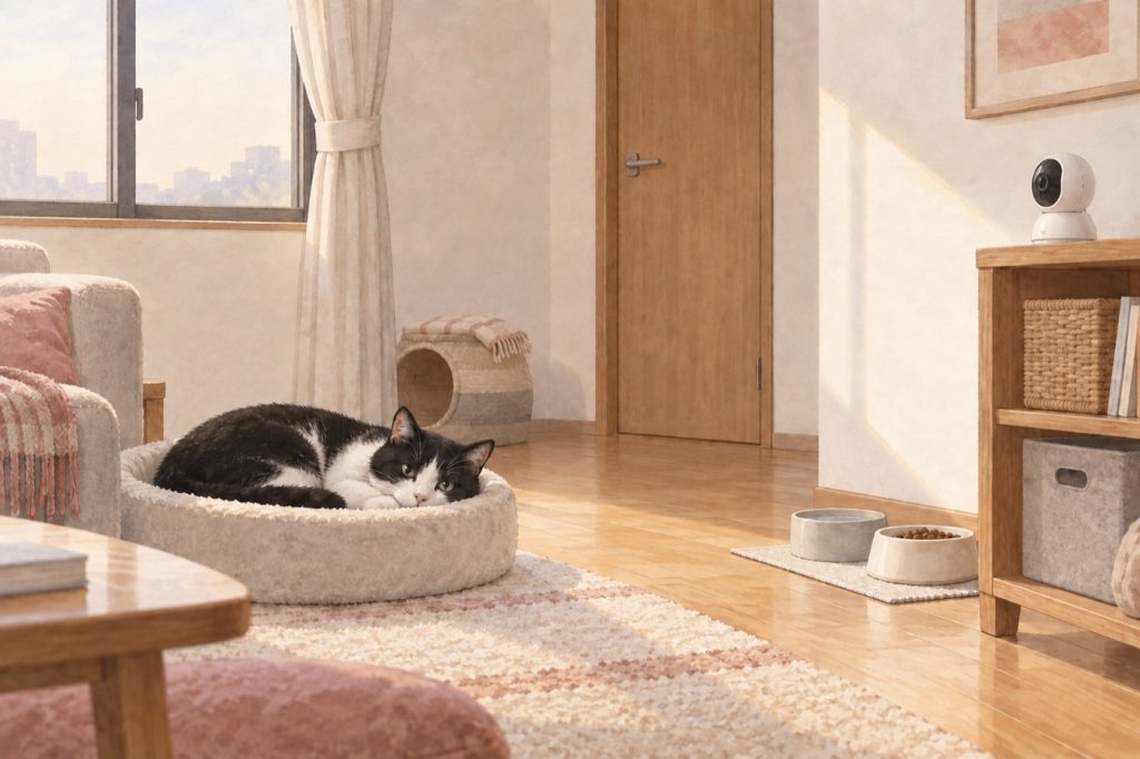 留守番の猫の寝床と食事場所を見られるよう、室内カメラを置いた部屋