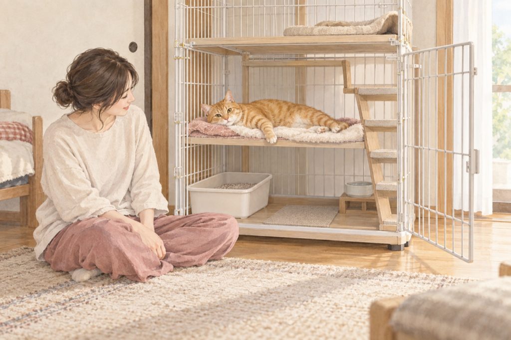 扉を大きく開けたケージで、猫がいつもの寝具に自分から休んでいる様子