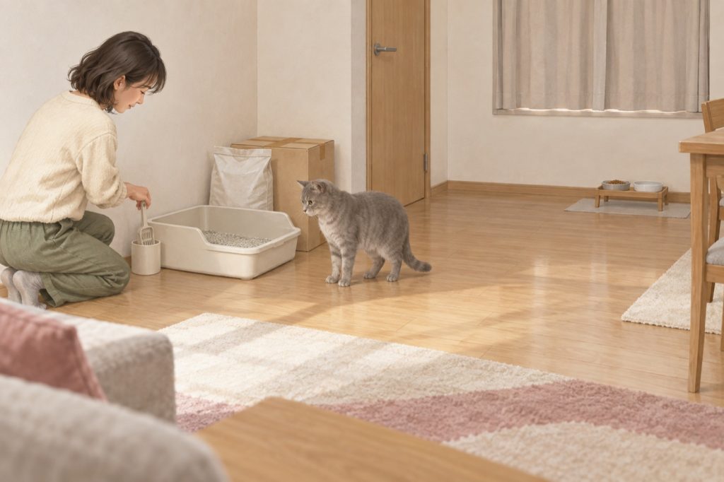 新居の一室で、使い慣れた猫トイレをすぐ使える場所に整えている様子